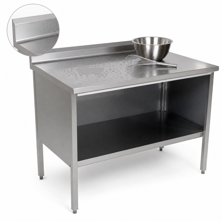 Product image #4 for John Boos Enclosed Base Stainless Steel Work Table, Open Front, 84 x 30 Inches, 14-Gauge 300 Series Top, 5-Inch Backsplash