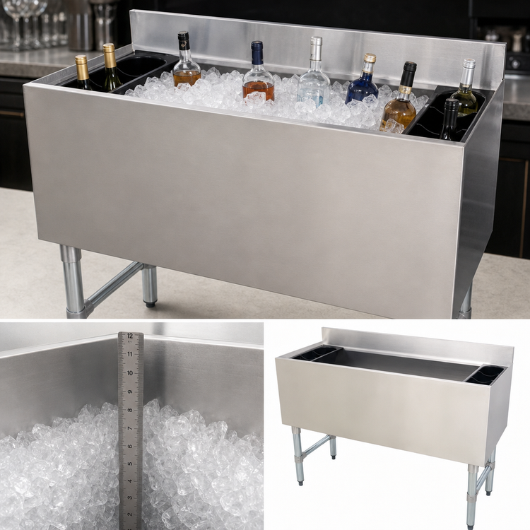 Product image #4 for Omcan 36-Inch Freestanding Stainless Steel Bar Ice Bin with 12-Inch Deep Bowl, Bottle Holder, and 3-Inch Backsplash