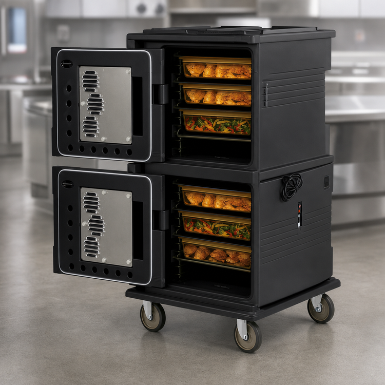 Product image #5 for Cambro Ultra Camcart 2-Compartment Front-Loading Heated Top-Door Food Pan Carrier, Heavy-Duty Casters, 110V, Black