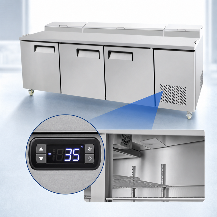 Product image #4 for Atosa 93-Inch Three-Section Refrigerated Pizza Prep Table with Side-Mounted Self-Contained Refrigeration, 3 Doors