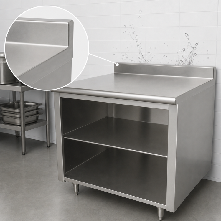 Product image #4 for Advance Tabco Open Front Cabinet Base Work Table with Mid-Shelf, 144-Inch x 36-Inch, 14 Gauge 304 Stainless Steel Top, 5-Inch Backsplash