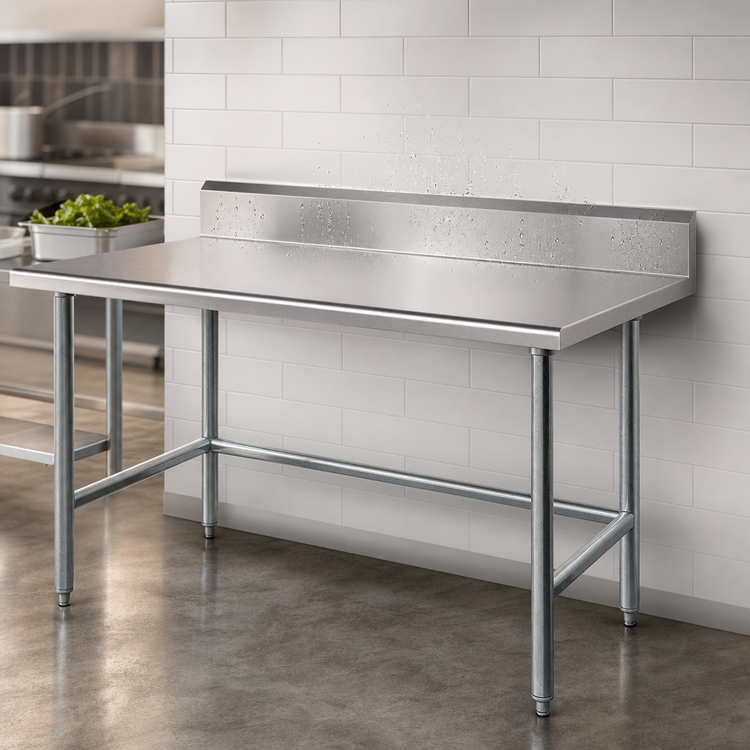 Product image #4 for 144" x 24" 16-Gauge 430 Stainless Steel Work Table with 5" Backsplash and Galvanized Open Base