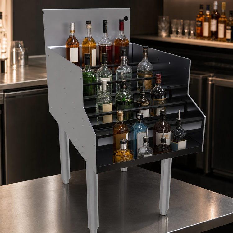 Product image #4 for Glastender Free-Standing Stainless Steel Underbar Liquor Steps, 18 Inch Wide x 29 Inch Deep, 5-Level
