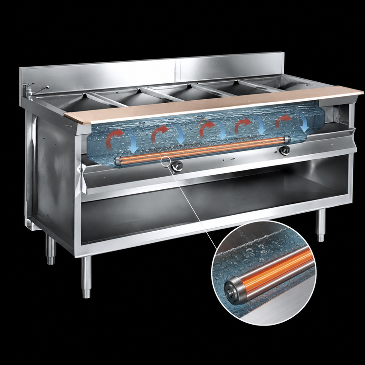 Product image #4 for La Rosa Electric Water Bath Hot Food Table, 48 x 32 Inch, Three 12 x 20 Openings, Open Cabinet Base
