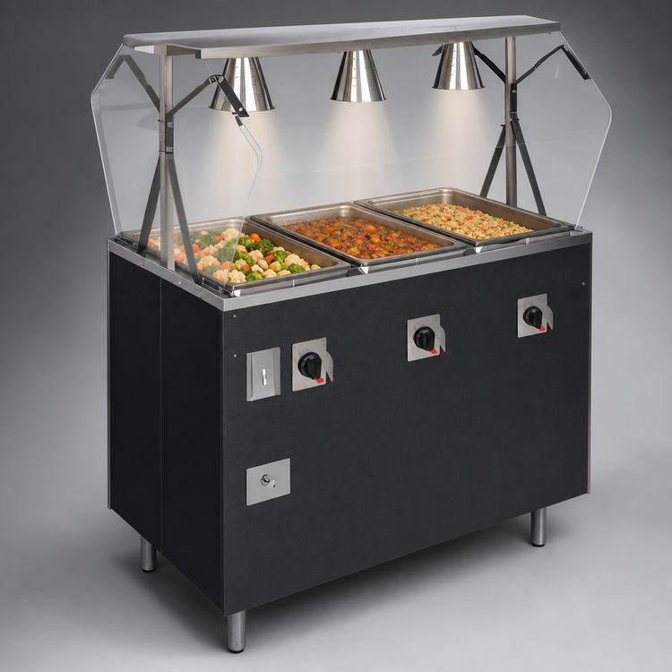 Product image #4 for Vollrath 2-Series Affordable Portable 3-Well Mobile Hot Food Station with Buffet-Style Breath Guard and Lights, Granite Finish