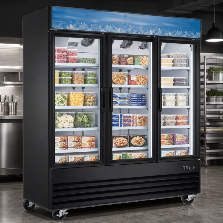 Product image #4 for Omcan 80-Inch Three-Section Reach-In Glass Door Display Freezer, 52.3 Cu. Ft., Self-Contained Bottom Mount, Black