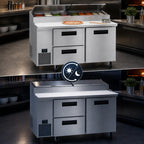 Thumbnail image #4 for Hoshizaki Steelheart PR67B-D2 67-Inch Two-Section Refrigerated Pizza Prep Table with One Door and Two Drawers