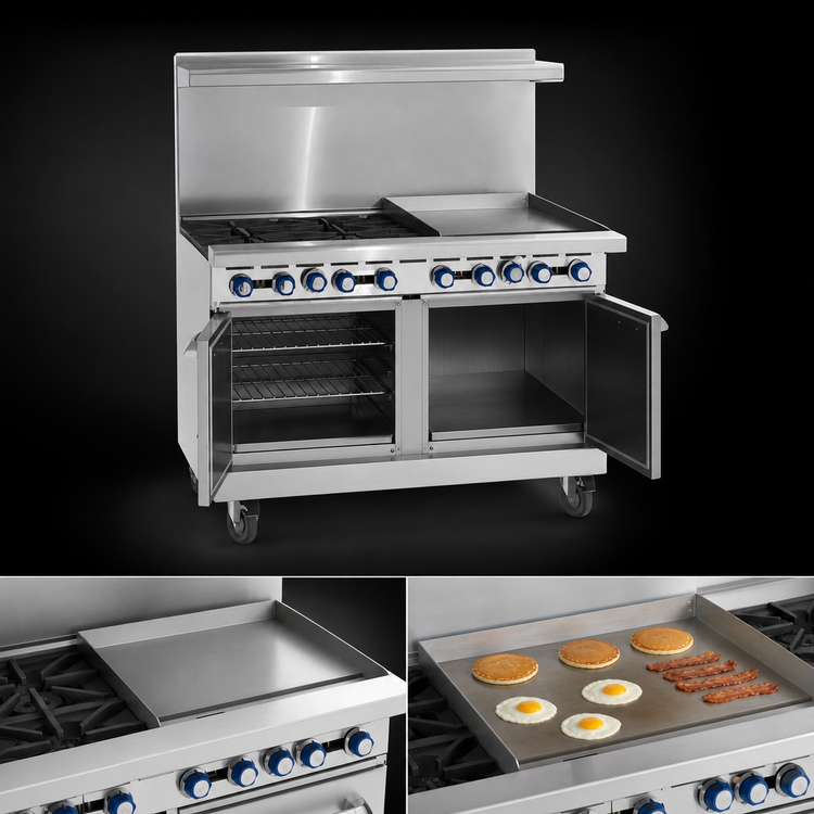 Product image #4 for Imperial Pro Series 48-Inch Stainless Steel Gas Restaurant Range with 4 Open Burners, 24-Inch Griddle, Convection Oven, and Open Cabinet Base