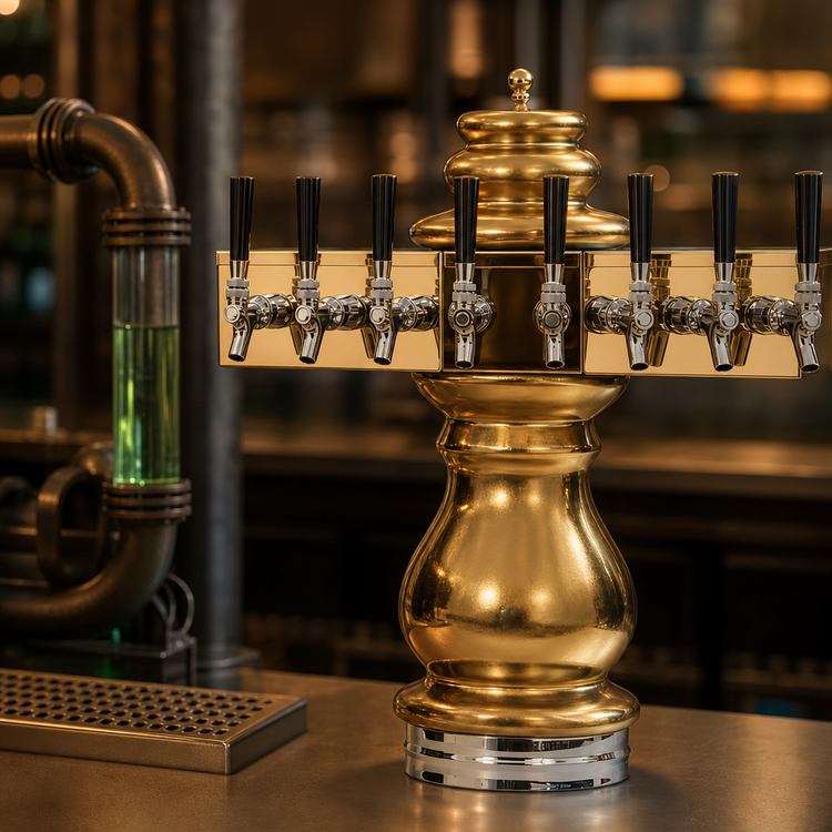Product image #4 for Glastender Braumeister 8-Faucet Glycol-Cooled Draft Dispensing Tower with Ceramic Construction and Polished Brass Finish