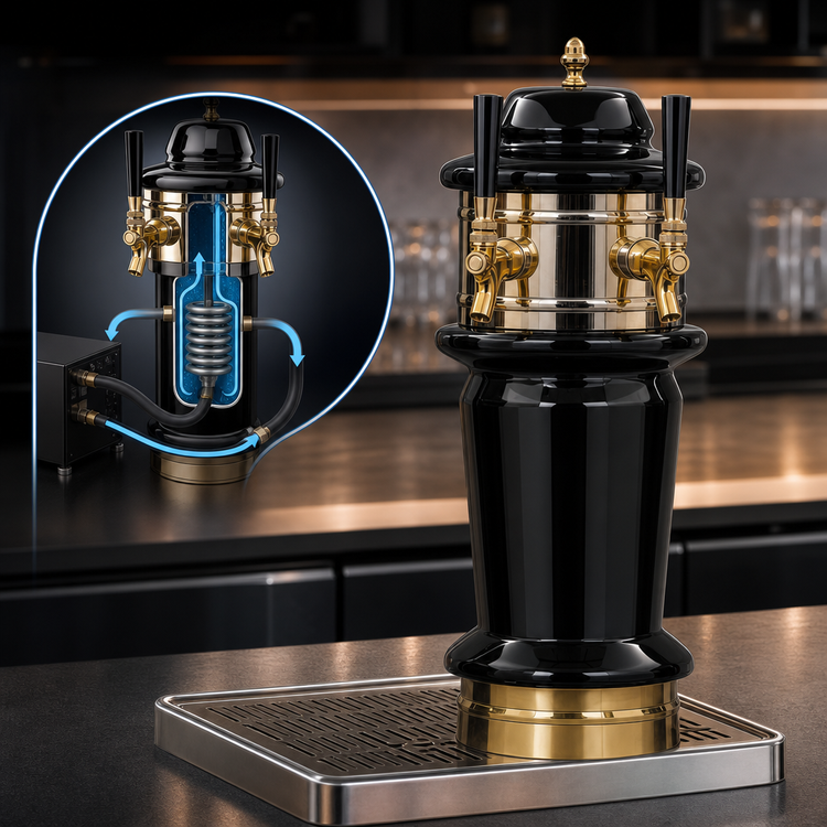 Product image #4 for Glastender Monaco 2-Faucet Glycol-Cooled Draft Dispensing Tower with Mirror Finish and Drain Pan