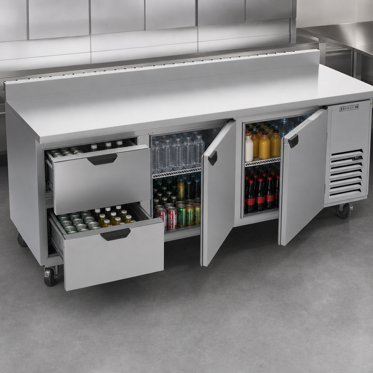 Product image #4 for Beverage-Air Stainless Steel Three-Section Worktop Refrigerator with 2 Drawers and 2 Doors, 93-Inch Wide
