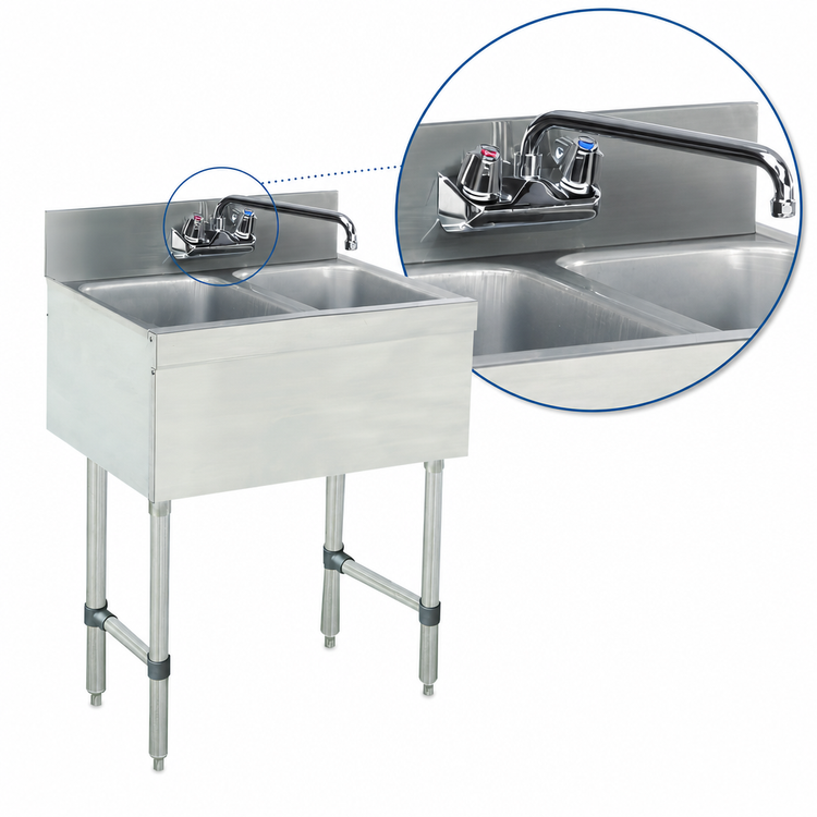 Product image #4 for Advance Tabco Special Value Series Underbar 2-Compartment Stainless Steel Bar Sink Unit with Splash-Mount Faucet, 24 x 18 x 33 Inches