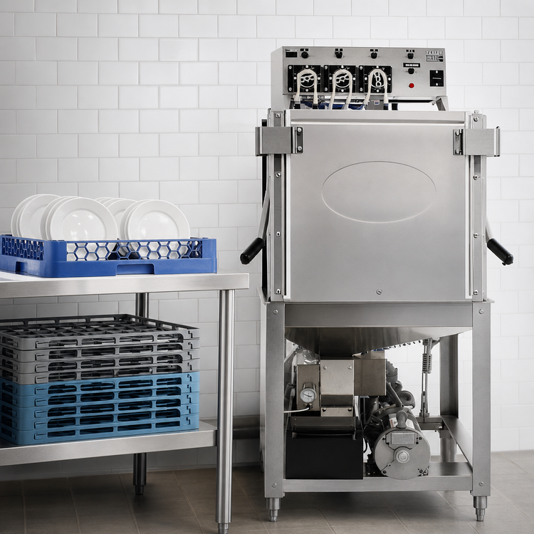 Product image #4 for CMA Dishmachines Energy Mizer EST-AH-EXT Straight-Thru Single Rack Door-Type Dishwasher, Low-Temperature Chemical Sanitizing, 40 Racks/Hour