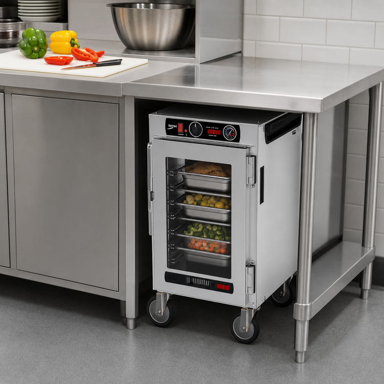 Product image #5 for Metro HotBlox Narrow 4-Pan Pass-Thru Undercounter Insulated Holding Cabinet, Clear Front Door / Solid Rear Door, Analog Control