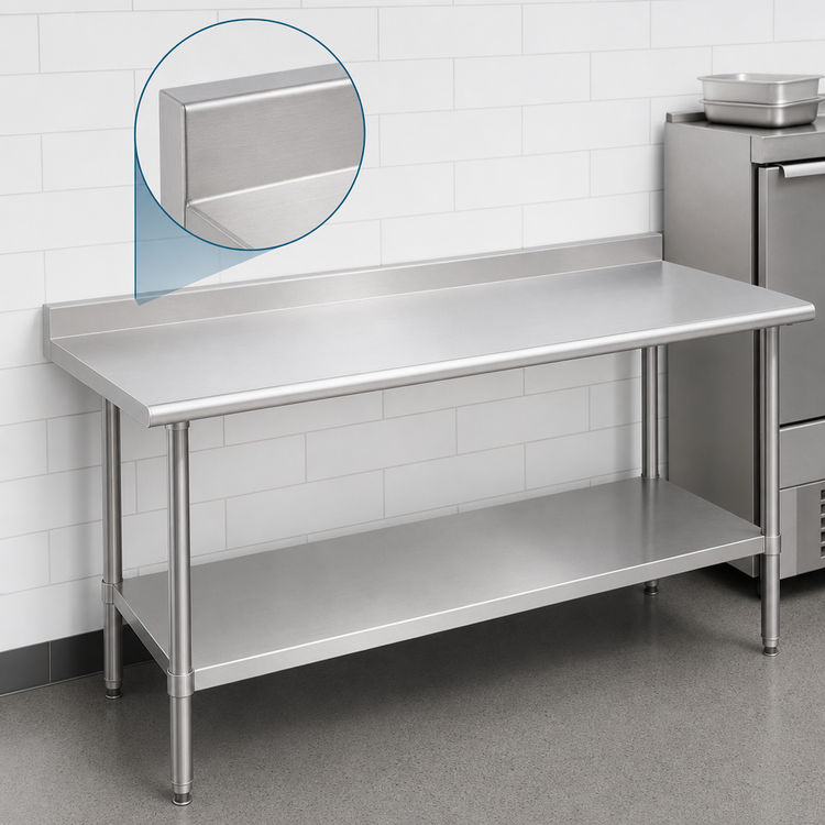 Product image #4 for Duke 84-Inch x 36-Inch 16-Gauge 400 Series Stainless Steel Work Table with 1-1/8-Inch Straight Riser and Undershelf