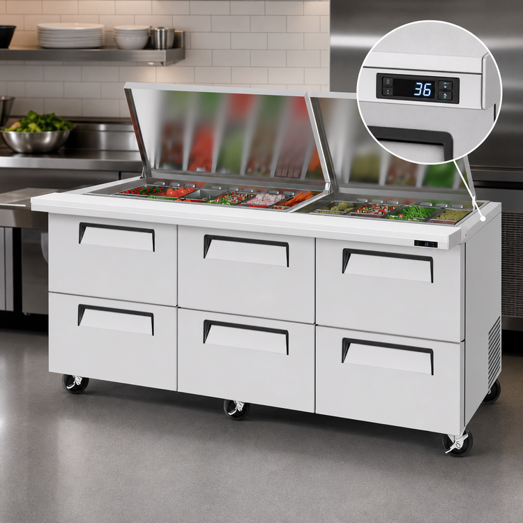 Product image #4 for Turbo Air Super Deluxe 72-5/8-Inch Three-Section Refrigerated Mega Top Sandwich/Salad Prep Table, 6 Drawers, Flat Lid