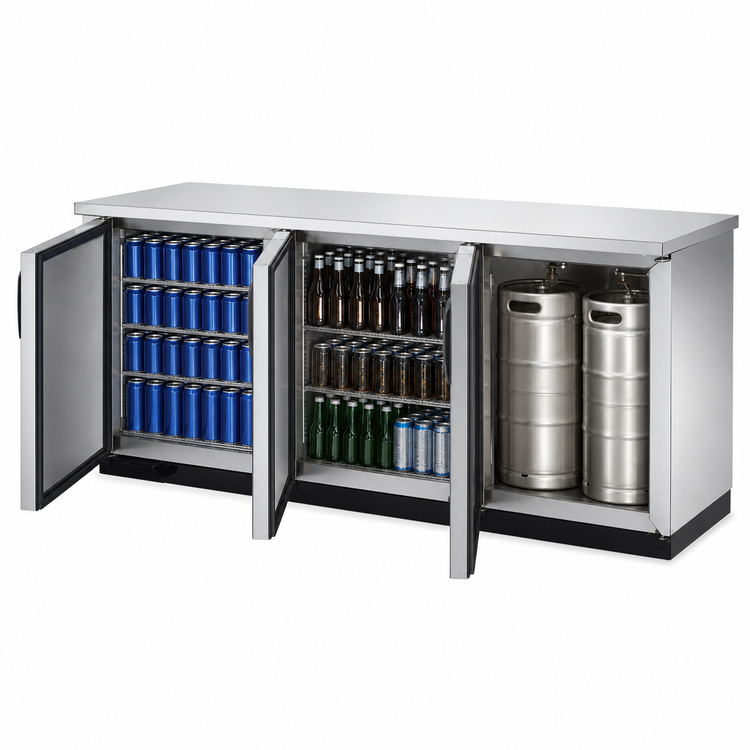 Product image #4 for True Three-Section Back Bar Cooler with Solid Doors, 90-3/8 Inch Wide, Stainless Steel Top