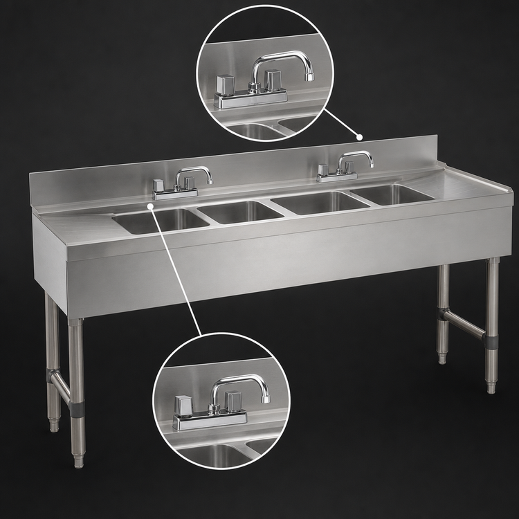 Product image #4 for Advance Tabco Underbar Basics 4-Compartment Stainless Steel Bar Sink Unit, 96-Inch x 21-Inch, with Dual Drainboards and Deck-Mount Faucets