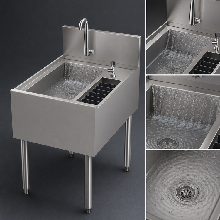 Product image #4 for Perlick Tobin Ellis Signature 18-Inch Freestanding Single-Compartment Underbar Utility Sink with Glass Rinser and Tool Caddy