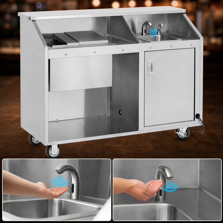 Product image #3 for FWE Stainless Steel Mobile Bar with Hand Sink, 60 lb Ice Bin, and 4-Bowl Revolving Server