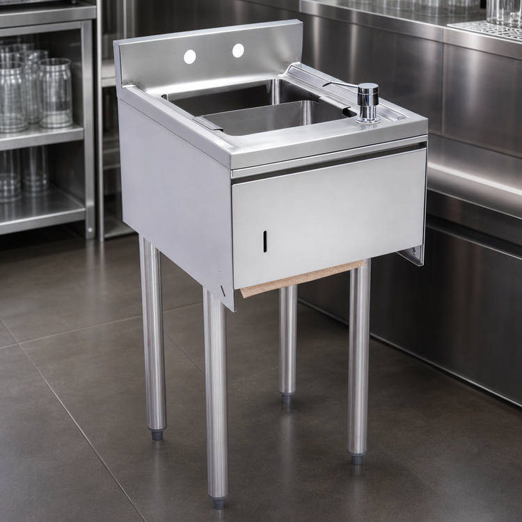 Product image #4 for BK Resources Underbar Dump Sink with Soap and Towel Dispenser, 12 Inch x 21-1/4 Inch, 1 Compartment, Stainless Steel