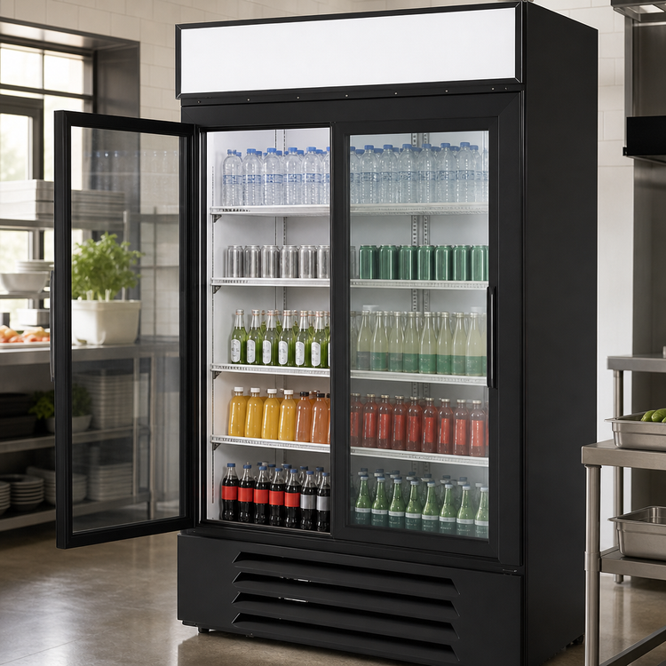 Product image #4 for Beverage-Air MarketMax 2-Section Black Sliding Glass Door Reach-In Refrigerated Merchandiser, 35.4 Cu. Ft.