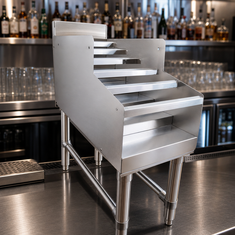 Product image #4 for 24-Inch Freestanding Underbar Liquor Display Rack, 5-Step, 304 Stainless Steel, 3-Inch Backsplash