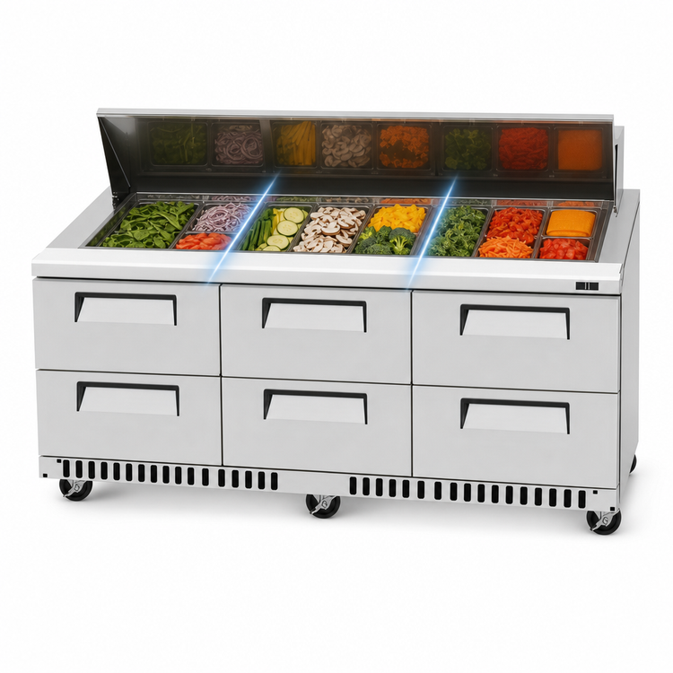Product image #5 for Turbo Air Super Deluxe Front Breathing 72-5/8-Inch 3-Section Refrigerated Sandwich/Salad Prep Table Workstation with 12 Pans and 6 Drawers