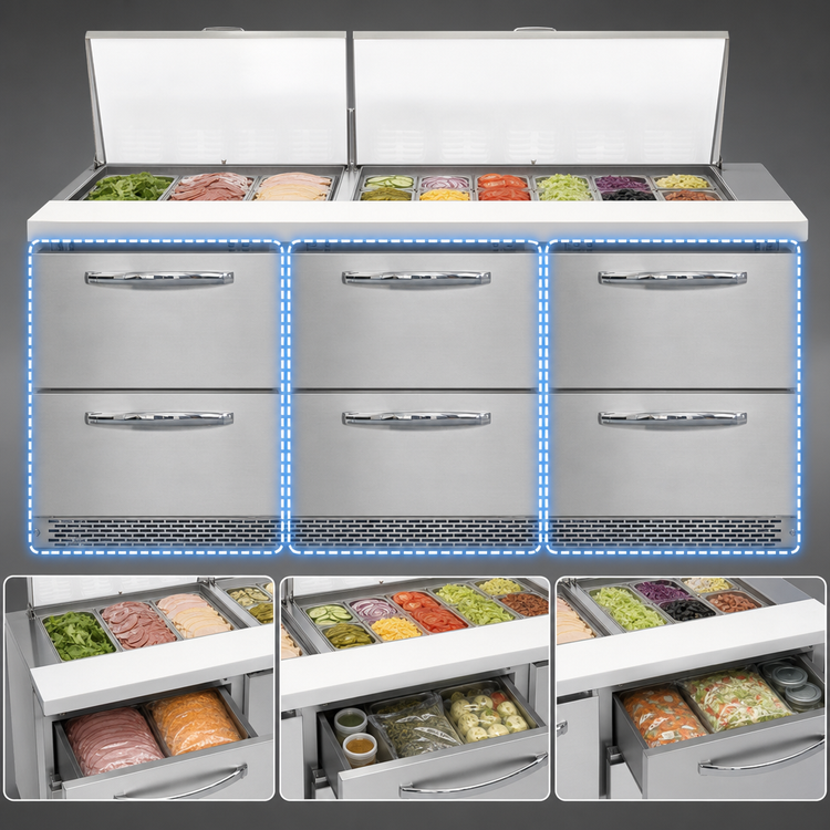 Product image #4 for Continental Refrigerator Mighty Top SW72N27M-FB-D 72" Three-Section Front Breather Refrigerated Sandwich Prep Table