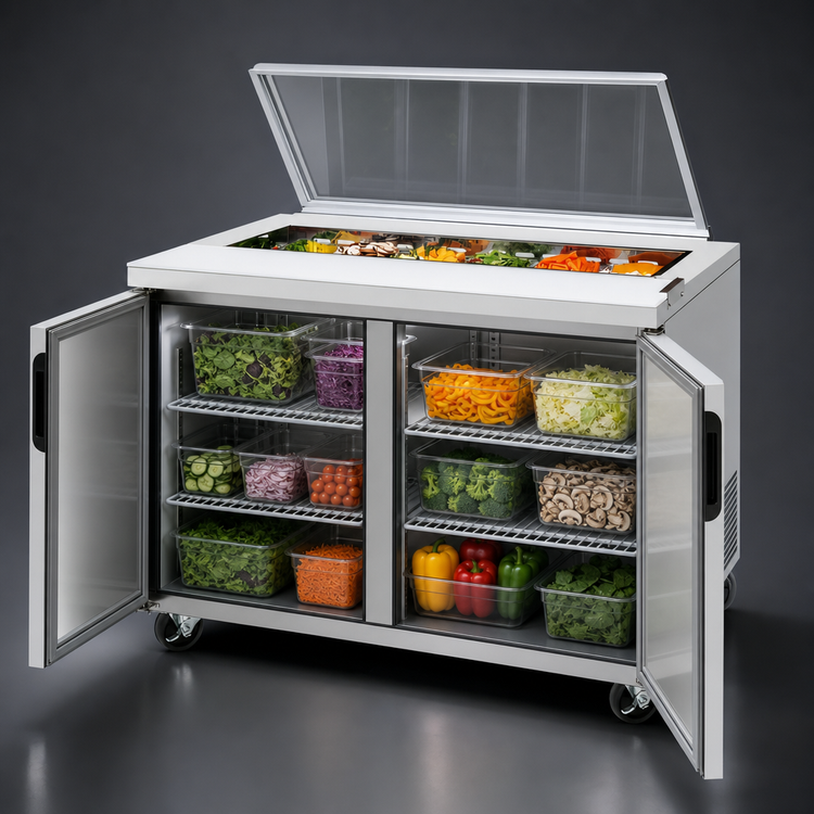 Product image #4 for Turbo Air Super Deluxe Stainless Steel Two-Section Sandwich/Salad Prep Table with Glass Lid, 48-1/4 Inch, 12-Pan