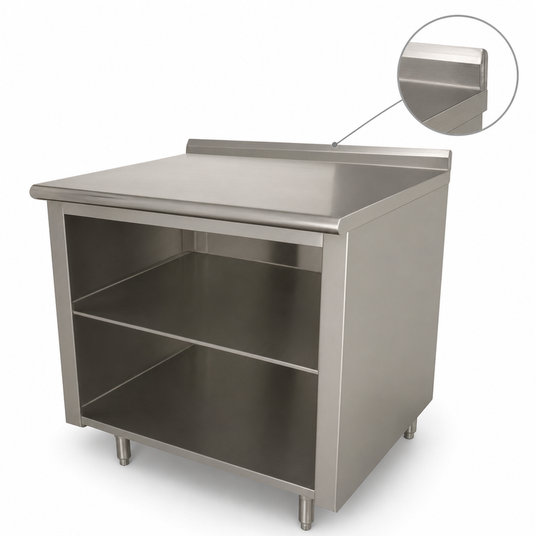 Product image #4 for Advance Tabco 48 Inch x 24 Inch Open Front Cabinet Base Work Table with Mid-Shelf, 14 Gauge 304 Stainless Steel Top, and 1-1/2 Inch Rear Up-Turn
