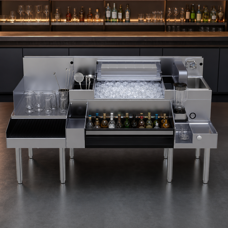 Product image #4 for Glastender ALL-66C 66-Inch All-In-One Underbar Ice Bin/Cocktail Station with Blender Shelf, Sink, and Speed Rails