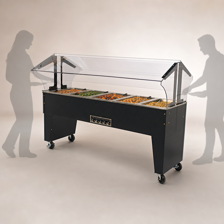 Product image #4 for Advance Tabco Triumph 5-Well Portable Electric Hot Food Buffet Table with Open Base and Double-Sided Sneeze Guard
