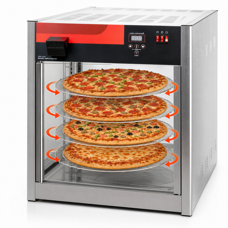 Product image #4 for Omcan Elite Series Countertop Full-Service Pizza Display Warmer with 4 Rotating Shelves, 18-Inch Capacity