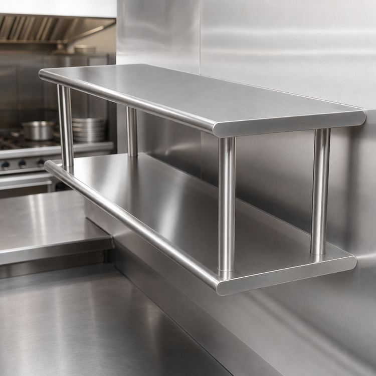Product image #4 for Advance Tabco Double-Tier Pass-Thru Shelf, 120-Inch W x 24-Inch D, Wall-Mounted Stainless Steel