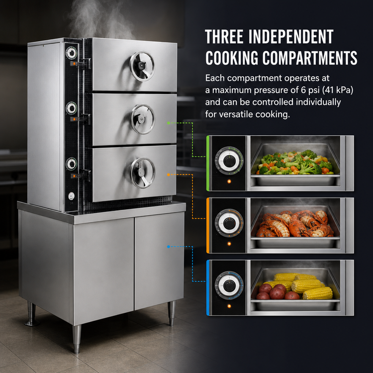 Product image #4 for Crown EC-3 3-Compartment Electric Pressure Steamer with Cabinet Base