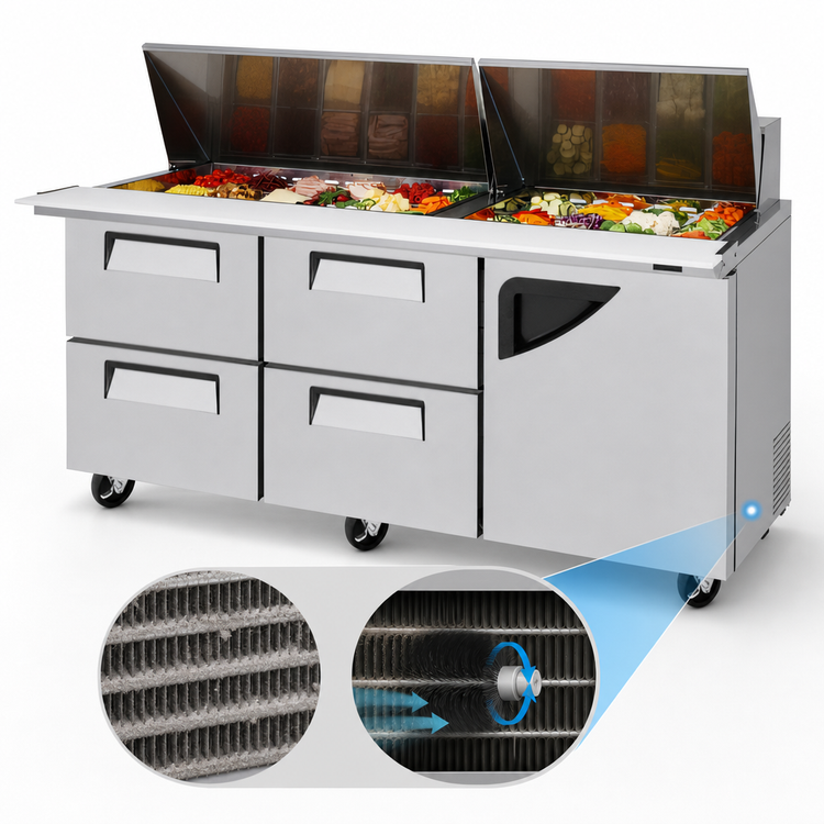 Product image #4 for Turbo Air Super Deluxe 72-5/8-Inch Two-Section Sandwich/Salad Mega Top Prep Table with 4 Drawers, Right-Hinged Door, and 30-Pan Opening