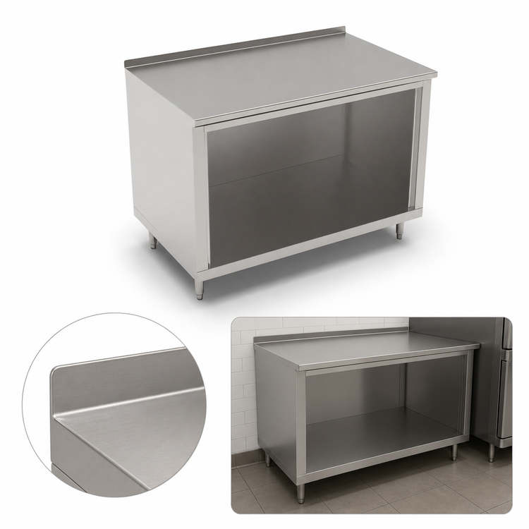 Product image #4 for John Boos Open Front Cabinet Base Work Table, 60 x 36 Inches, 14 Gauge 300 Series Stainless Steel Top, 1-1/2 Inch Rear Up-Turn