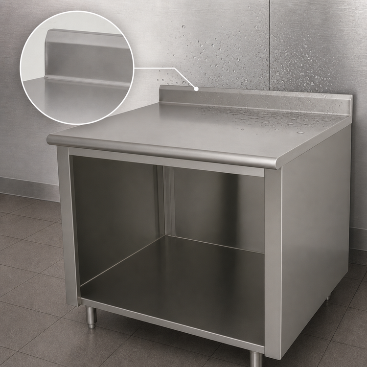 Product image #4 for Advance Tabco 36 Inch x 36 Inch Stainless Steel Work Table with 5 Inch Backsplash and Open Front Cabinet Base