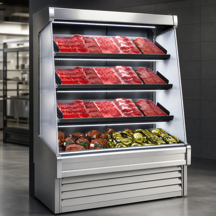 Product image #4 for Howard-McCray Ovation Series 99-Inch Remote Meat Open Merchandiser with 3-Tier LED Shelving, Stainless Steel