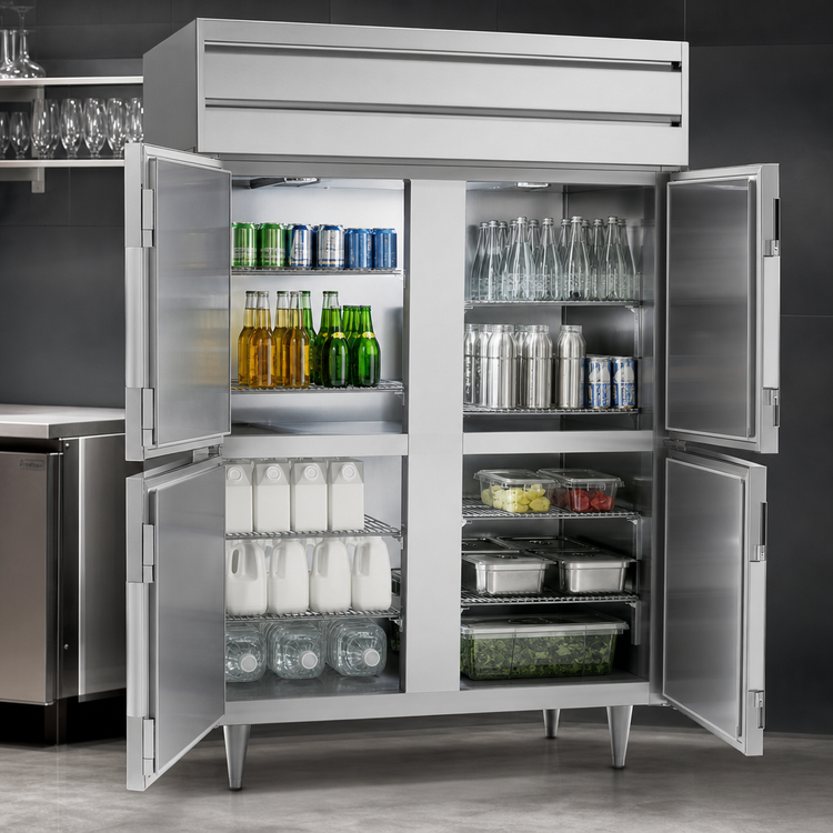 Product image #4 for Beverage-Air P-Series Two-Section Pass-Thru Reach-In Refrigerator with 8 Solid Half Doors, 48.33 Cu. Ft., Top-Mounted Self-Contained Refrigeration
