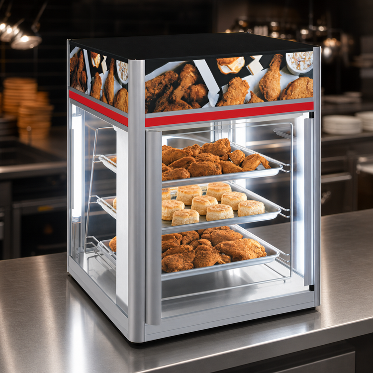 Product image #4 for Hatco Flav-R-Savor 2-Door Countertop Hot Food Holding and Display Cabinet with Stationary 3-Tier Pan Rack, No Motor