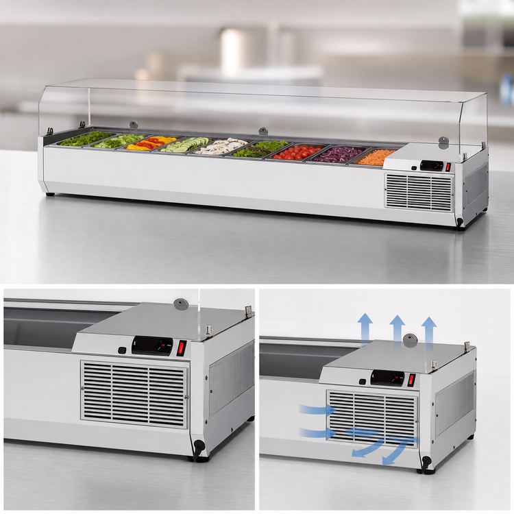 Product image #5 for Turbo Air E-Line Countertop Refrigerated Salad Prep Table with Clear Hood, 8 1/3-Size Pan Capacity