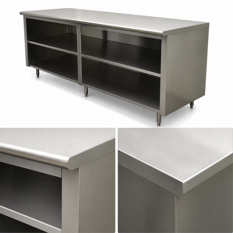 Product image #4 for Advance Tabco Special Value Economy 120 Inch x 24 Inch Stainless Steel Open Front Cabinet Base Work Table with Mid-Shelf, Flat Top