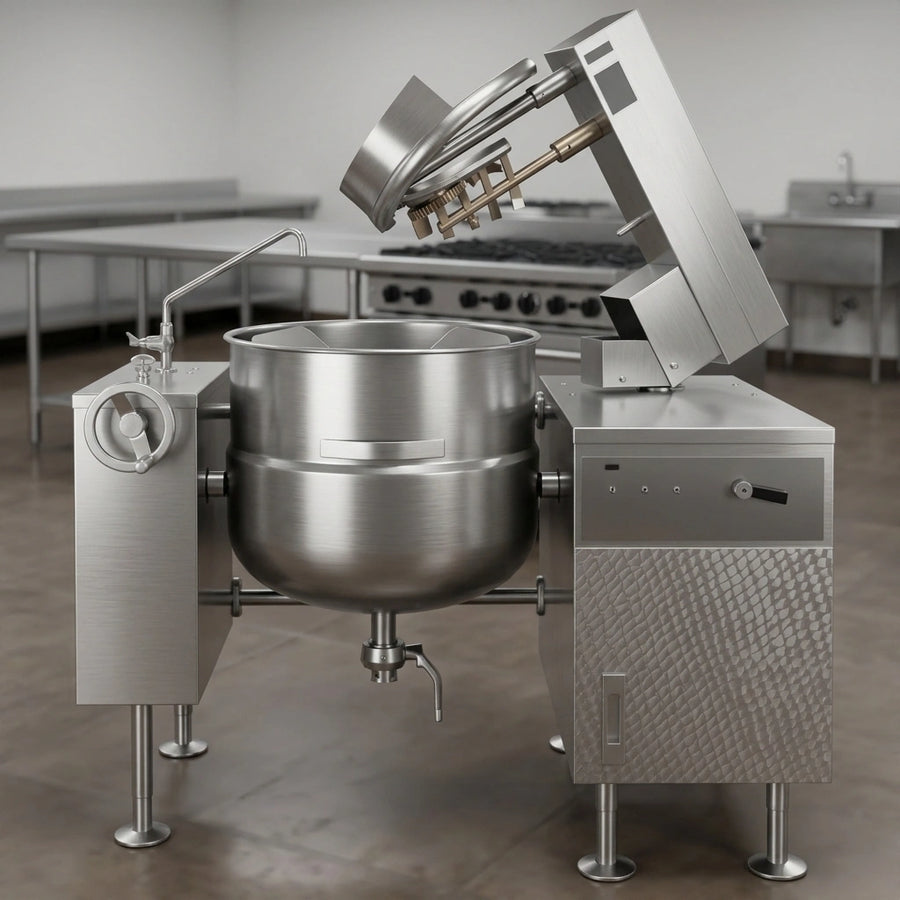 Witness the exceptional durability and hygienic design of this 40-gallon tilting mixer kettle, expertly crafted with heavy-duty stainless steel construction for rigorous commercial use.