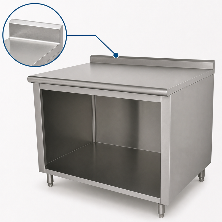 Product image #4 for Advance Tabco 120-Inch x 30-Inch Stainless Steel Work Table with Open Front Cabinet Base and 1-1/2-Inch Rear Up-Turn