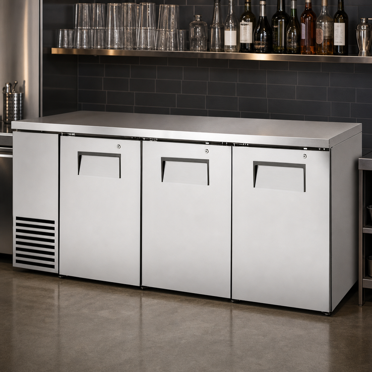 Product image #4 for True Two-Section Back Bar Cooler with 3 Solid Locking Doors, 72-1/8 Inch Wide, Stainless Steel