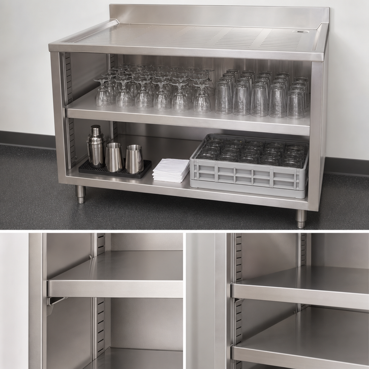 Product image #5 for BK Resources 48-Inch Stainless Steel Underbar Glass Rack Unit with Drainboard Top, Open Front Base, and Adjustable Shelf