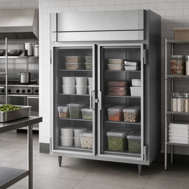 Product image #5 for Victory UltraSpec Two-Section Reach-In Glass Door Freezer with Wide Half-Height Hinged Doors, 52 Cu. Ft., Self-Contained, Standard Depth