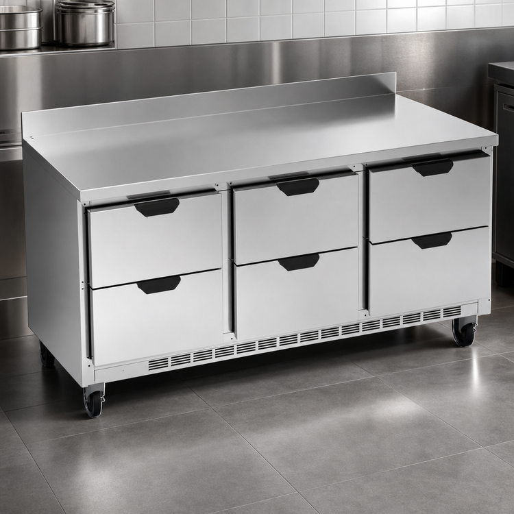 Product image #4 for Beverage-Air 72-Inch Three-Section Drawer Worktop Refrigerator, 6 Drawers, Rear-Mounted Self-Contained R290